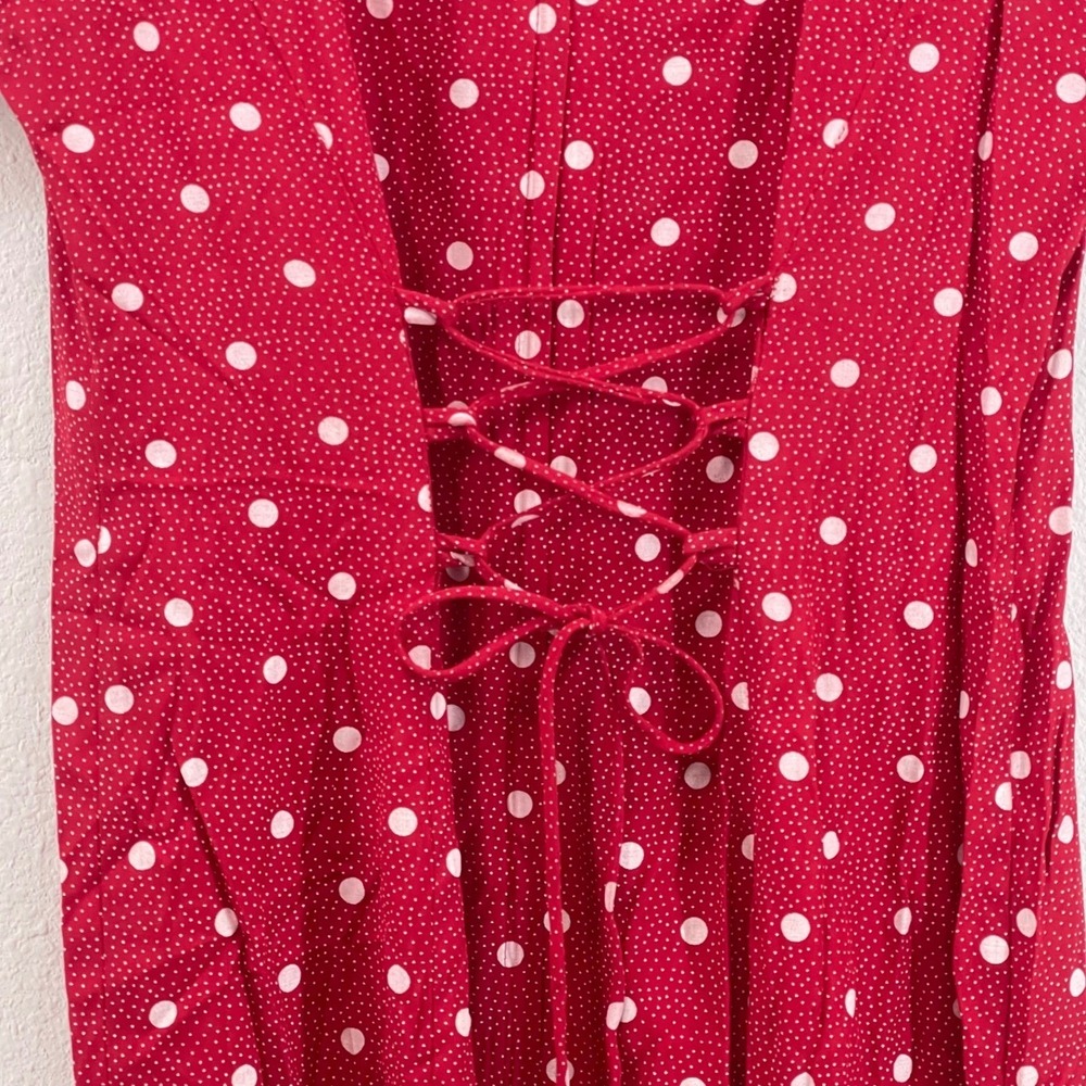 Vintage Polka Dot Midi Spring Wedding Guest Dress S/M Red Lace Up 80s 90s Pinup - Picture 3 of 9